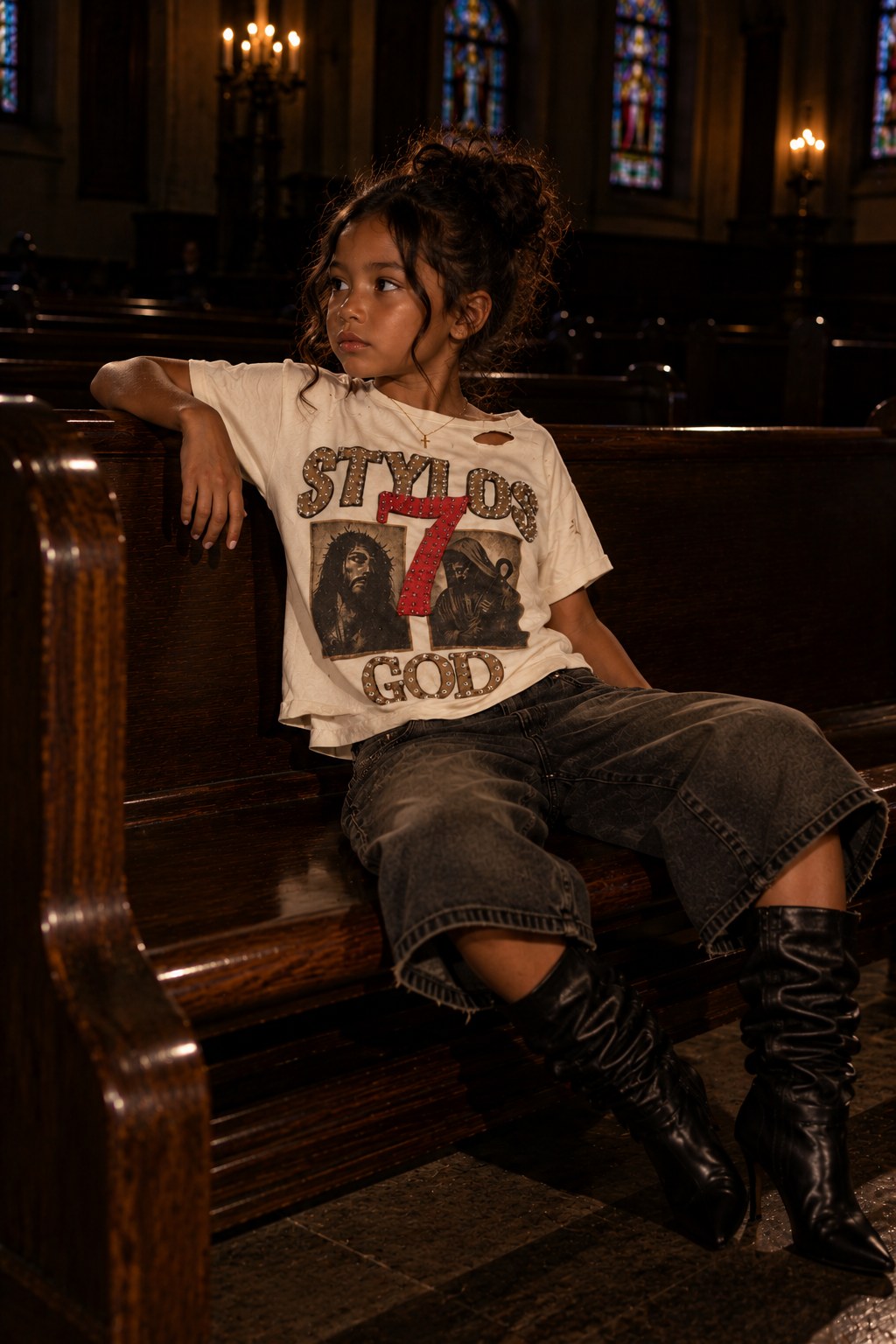 A girl in the Stylos 7 God tee sitting on a church pew